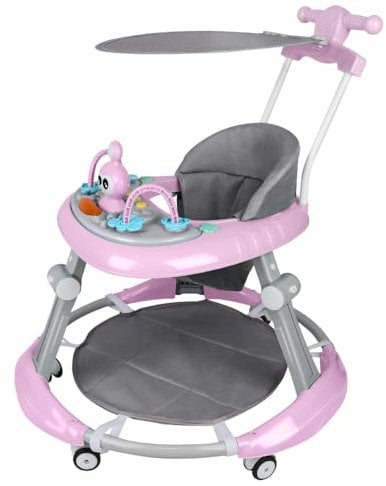 Lauflernhilfe 4-in-1 für Babys, mit Aktivitätsplatte und verstellbarer Position, faltbar, Lauflernhilfe mit Bodenmatte, Schiebegriff und Sonnenblende, 6 Monate und älter (Rosa, 67 x 67 x 79 cm)