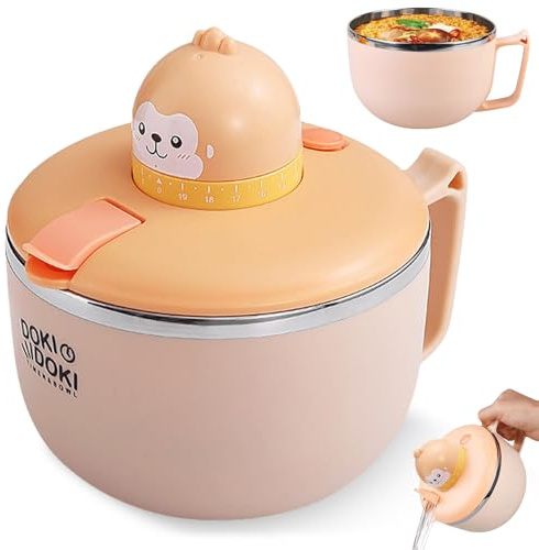 GOMETY Ramen Schüssel mit Deckel, 1200ML Große Kapazität Instant Nudeln Schüssel mit Timer aus 304 Edelstahl Pasta Schüsseln Instant Nudelschale für Nudeln Bento Suppe Mittagessen (Affe)