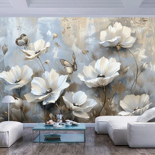 JIAOQSS Selbstklebende Abnehmbare Vintage Ölgemälde Blumen Schmetterlinge grau XXL Design Tapete Tapeten Wandtapete moderne Wand Schlafzimmer Wohnzimmer 3D Effekt