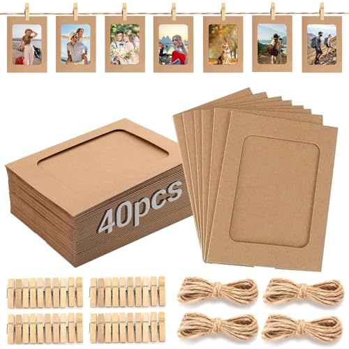 Hhaoysogd 40 Stücke Aufhängen Fotorahmen aus Pappe, 11.5 * 15.5 cm DIY Karton Bilderrahmen mit Clip & Hanfseil, DIY Bilderrahmen Wanddekoration für Hochzeit Party Geburtstag Fotogirlande (Cowhide)