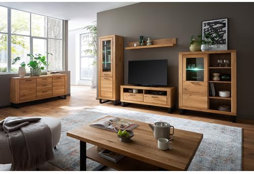 Lomadox Wohnmöbel-Set Wohnzimmermöbel in Eiche teilmassiv mit Couchtisch, 138 cm Lowboard & LED-Beleuchtung, 6-teilig, Echtholz/Massivholz-Fronten, geölt