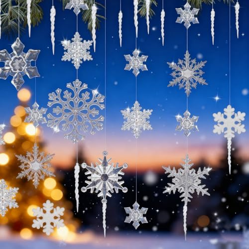 CATELL 46 Pcs Acryl Schneeflocken Eiszapfen, 32 Schneeflocken Christbaumschmuck 12 Weihnachtsbaum Eiszapfen und 2 Schmuckfaden Weihnachtsbaumschmuck Schneeflockens Hängen Weihnachtsanhänger Winterdeko