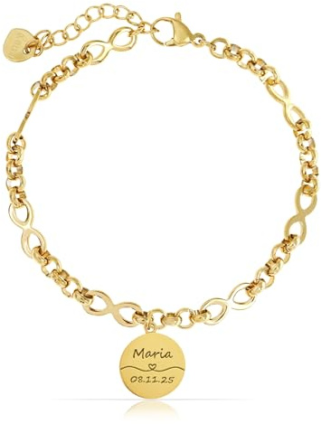 Made by Nami Personalisiertes Infinity-Glieder Design Armband mit Gravur Buchstaben Symbole uvm. Kleine Geschenke für Frauen Partner Armbänder 16 + 3 cm aus chirurgischem Edelstahl
