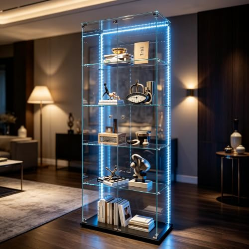 Vitrine aus Glas mit 5 Einlegeböden, 2 Türen, Vitrine auf Fuß aus Glas mit LED und Schloss, moderner Glasschrank für Sammlung, VitRine mit Säulen, Vitrine, Wohnzimmer (Schwarz - 6B, 79 x 35 x 187)