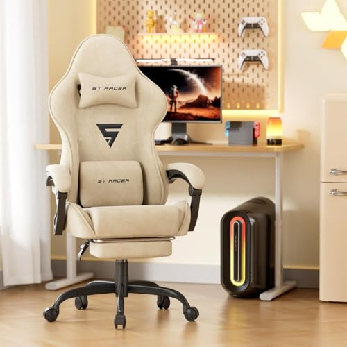 WoRaum Chaise Gamer Ergonomique,Chaise Gaming avec Massage Lombaire,Fauteuil Game Repose-Pieds Rétractable & Dossier Réglable,Confort Tissu Velours (Blanc de Riz)