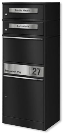 Metzler Paketbox mit 2 Briefkästen – Doppel-Briefkasten mit Paketfach & Namensgravur, personalisierte Blenden aus Edelstahl – Outdoor Paketbriefkasten draußen XXL – Schwarz – Modell Bispo