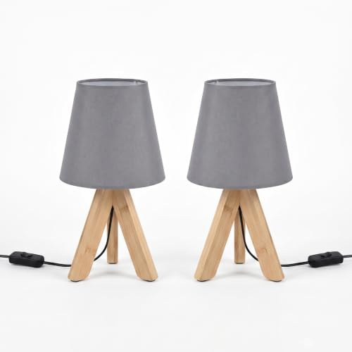 MinteVolt Nachttischlampe 2er Set Bambus 32cm Hellgrau Stoffschirm | Leselampe, Tischlampe, Dreibein Stativ, für Schlafzimmer, Wohnzimmer und Büro, Warmes Licht, E14 Fassung, Klein, Holz