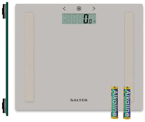 Salter Compact Glass Bathroom Analyser Scale 150 Kg, 8 User Memory | Measures Body Fat, Body Water, BMI, Athlete Mode, Step-On Instant Weighing, Toughened Glass Platform, Carpet Feet Included