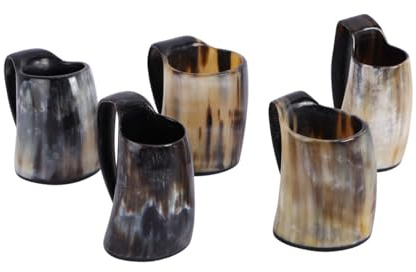 Handicrafts Home Viking Drinking Horn Mug Set of 5, Real Natural Ox Horn Beer Mug with Handle, Handmade Medieval Viking Horn Drinking Mug for Mead, Beer & Wine, Unique Viking Gifts for Men (5 oz)
