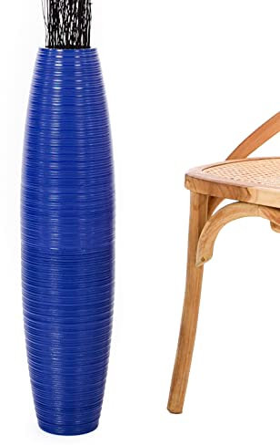 Leewadee Große Deko Bodenvase Für Dekozweige, Hohe Standvase Für Pampasgras, Design Holzvase, 70 cm, Blau