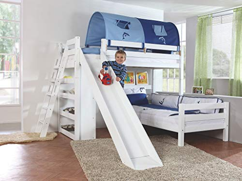 Froschkönig24 Etagenbett Sky Kinderbett mit Rutsche Spielbett Bett Weiß Stoffset Blau/Delfin, Matratzen Oben/unten:mit 2X Matratze
