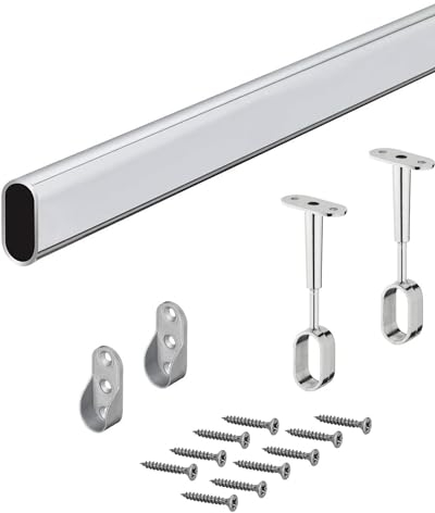 Möbelrohr OVAL Schrankstange Metall Kleiderstange 600 mm mit 2 Stück Schrankrohrlager für Deckenmontage | Stahl verchromt | Schrankrohr 30 x 15 mm | 1 Set - Kleiderschrank-Stange mit Halterungen