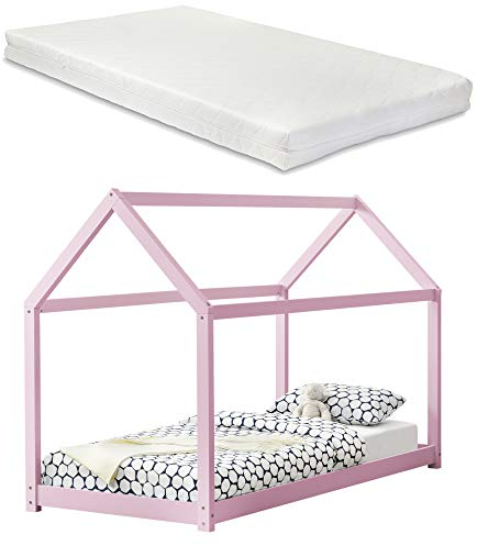 [en.casa] Kinderbett Netstal mit Matratze 90x200cm Rosa Holz Haus Design Kiefernholz Bett Holzbett Hausbett Kaltschaummatratze Öko-Tex Standard 100 Allergikergeeignet Atmungsaktiv