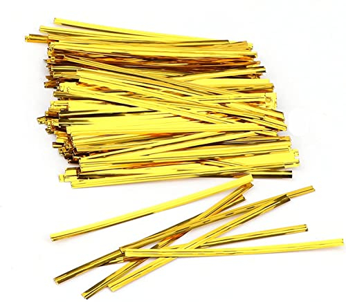 LUTER 750 Pcs 4 Inches Metallic Twist Ties Reusable Bag Ties Plastic Bread Twist Ties for Candy Bags, Coffee Bags, Snacks, Cake Pops, Party Supplies(Gold)，Embellishment Christmas Atmosphere