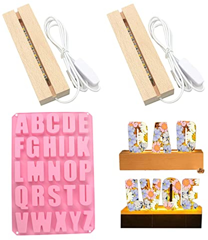 CDIYTOOL Moule en résine avec Lettres Lumineuses LED, Support de veilleuse, résine époxy, Moule en Silicone pour résine avec Base en Bois éclairée, décoration Artisanale