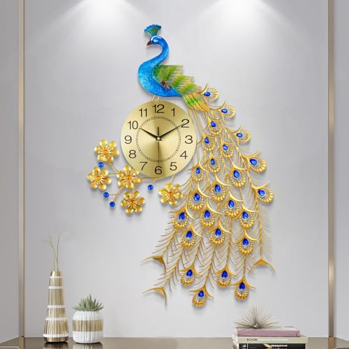 EURSON Große Pfauen-Wanduhr, 80 cm, Metalldesign, Nicht tickend, geräuschlos, Kunst, Digitale Wanduhren für Wohnzimmerdekoration, Gold