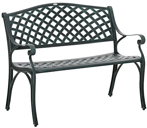 Outsunny Cast Aluminium Outdoor Garden Bench 2 Seater Antique Patio Porch Park Loveseat Chair, Verdigris