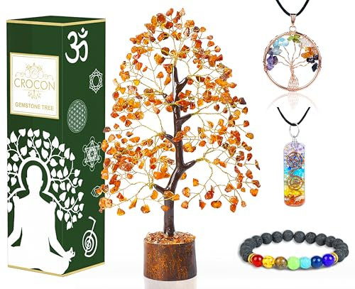 Carnelian Crystal Tree of Life with Bracelet & 2 Pendants Feng Shui Gem Tree Decor Healing Crystals Spiritual Orange Gifts for Cute Home Room & Desk Decor, Gifts for Women, Girlfriend, Her & Sister