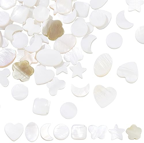NBEADS 96 Pcs 8 Styles Perles de Coquillage Naturel, Perles de Nacre Blanche Perles de Coquille de Papillon Perles de Coquille de Coeur de Lune D'Étoile Perles D'Espacement Plates pour Bijoux