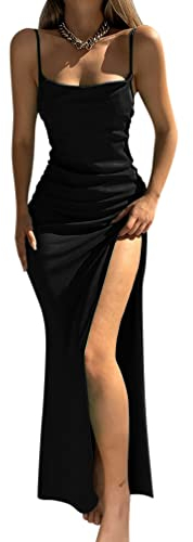 Minetom Damen Rückenfrei Maxikleid Spaghettiträger Partykleid Ärmellos Lange Kleider Figurbetontes Abend Club Kleid mit Schlitz A Schwarz S