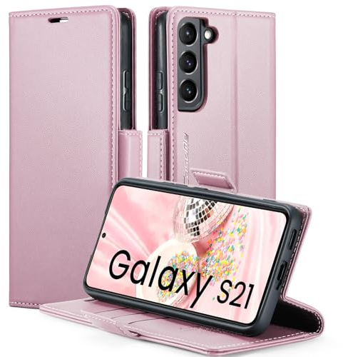 XYGLOW Coque pour Samsung Galaxy S21 Etui RFID Protection Housse en Premium Cuir Pochette Portefeuille Rabat Clapet Case Porte Carte Magnétique Étui pour Samsung S21 5G 6.2''-Or Rose