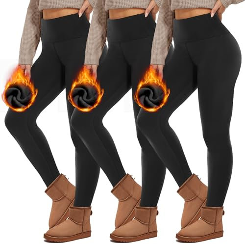 HIPOWER Lot de 3 leggings thermiques doublés pour femme - Taille haute - Polaire - Opaques - Noir - Sous-vêtements thermiques - Pantalon de course - Pantalon de yoga, B-noir x 3, L-XL