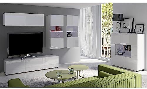 Lomadox Wohnwand Anbauwand weiß Hochglanz 5-teilig Modern, mit 1 TV-Lowboard, 1 Hängeschrank, 2 Hängevitrinen mit Beleuchtung, 1 Highboard