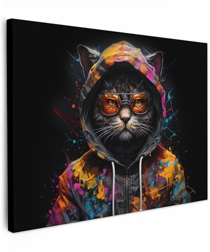 MuchoWow© Leinwandbild 40x30 cm Dekoration Wohnzimmer Bilder Aufhängen Wall Decoration Living Room Wohnungs Deko Moderne Banksy - Street Pop Art - Katze - Mantel - Graffiti - Brille