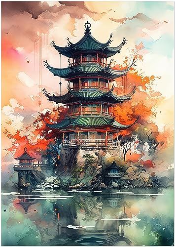 Generisch Samurai Tempel - Poster Kunstdruck - Japanischer Tempel Wandbild für Wohnzimmer, Kinder und Arbeitszimmer (29,7 x 42 cm (DIN A3))
