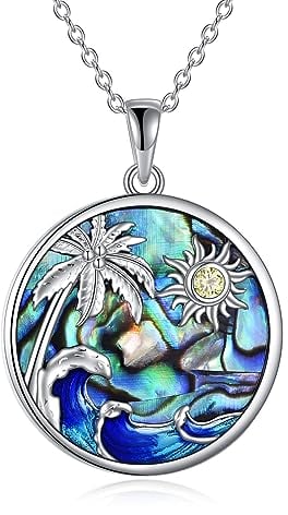 AXELUNA Palm Tree Necklace Sterling Silver Sun Pendant Necklace Ocean Wave Jewellery Gift for Women Girls, Sterling Silver