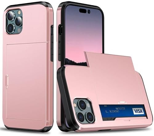 MHtech iPhone 14 Pro Case Wallet Case Armor Shockproof Case Heavy Duty Protective Case Hard PC Back Soft TPU Bumper Card Holder Wallet Case Cover for iPhone 14 Pro Phone Case (Rose Gold)