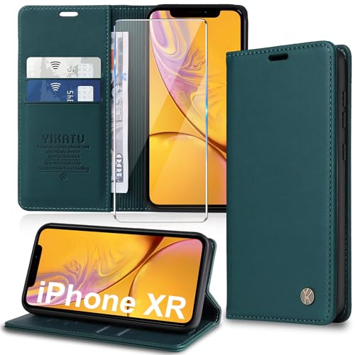 Migexxkj Handyhülle für iPhone XR Hülle [mit Schutzfolie][Premium PU Leder] Klapphülle Kartenfach Magnetic Ständer Flip Case Cover Etui Tasche Schutzhülle für iPhone XR 6.1“ (Green)