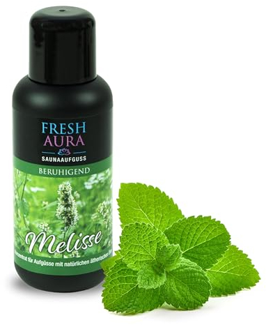 FRESH AURA Saunaaufguss – Sauna Aufgussmittel mit Melisse und natürlichen ätherischen Ölen – Sehr ergiebiger und langanhaltender Saunaduft – beruhigend entspannend | Made in Germany (100ml)