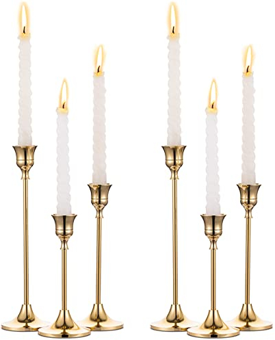 Nuptio Gold Candlestick Holders Brass 6 Pcs Metal Taper Candle Holders Vintage Modern Decorative Centerpiece Candle Sticks Holder for Table Mantel Wedding Christmas Party Housewarming Gift