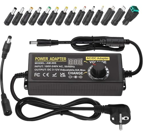 Einstellbares Netzteil 3V-12V Universal Netzteil 12A 144W Verstellbarer Netzadapter 100V-240V AC to DC 3V 4.5V 5V 6V 7.5V 9V 12V 1A 2A 3A 4A 5A 10A, Schaltnetzteil Adapter mit 14 DC Steckern