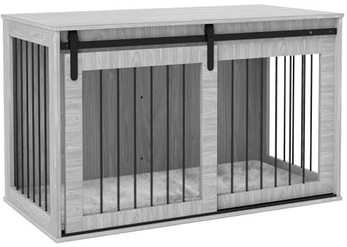 PawHut Dog Crate Furniture, Heavy Duty Dog Cage with Barn Door for Extra Large Breeds, End Side Table Pet Kennel with Removable Cushion for Indoor Use, 118 x 60 x 73 cm, Grey