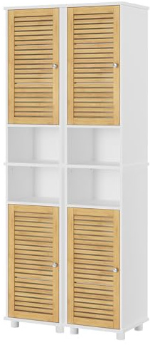FORABAMB Badezimmer Hochschrank, Badzimmerschrank mit 2 offenen Fächern und verstellbaren Ablagen, Badschrank mit 2 Bambustüren, Badmöbel, für Wohnzimmer, Küche und Bad, 32 x 30 x 190 cm, 2 Stück
