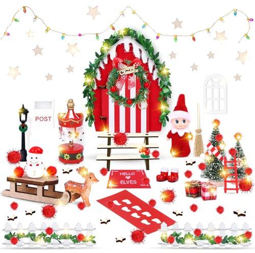 FHzytg Wichteltür Weihnachten Set, Weihnachtsdeko Elfentür mit Licht, Zauberhafte Wichteltür Komplettset, Miniatur Holz Wichtel Tür Dekoration für Weihnachten, DIY Miniatur Wichtel Zubehör