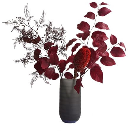 Hojas artificiales de otoño, hojas de haya roja de 76 cm con 15 hojas por tallo, 3 hojas rojas, perfectas para decoración de otoño, adornos de corona y ramos (rojo oscuro)