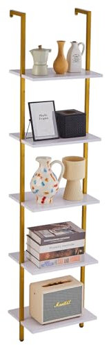 VEVOR Ladder Shelf, 5-Tier Bookshelf 15.6x11.8in, Open Wall-Mounted Ladder Shelf with Metal Frame,Storage Rack Sundries Holder for Kitchen Bedroom Bathroom Living Room, Gold White