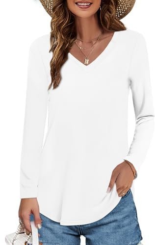 Elesomo Ladies Casual T-Shirt Long Sleeve V Neck Tops Cotton Shirts Blouse, White 20