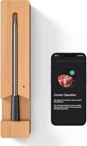 Termómetro de carne inalámbrico, Bluetooth con aplicación, resistente al agua IP67, termómetro para asar inalámbrico, para horno, barbacoa, ahumador, asador, airfryer