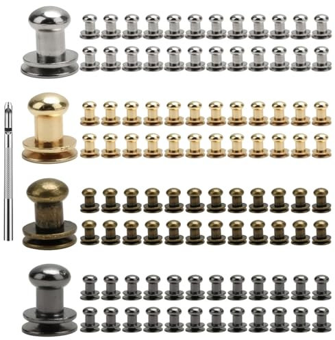 6mm Rivets pour Cuir Bouton de Col à Vis à Tête Ronde en Alliage de Zinc - 100 Rivet à Visser, avec Poinçon Inclus - pour Sacs, Portefeuilles, Bricolage et Réparations(Argent, Or, Noir, Bronze)