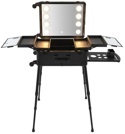 Kosmetikkoffer Trolley Schminkkoffer mit 8 LED Lampe Spiegel, 21 Inch Makeup Trolley Case mit Rollen, Schminkkoffer Profi mit Verstellbare Beine