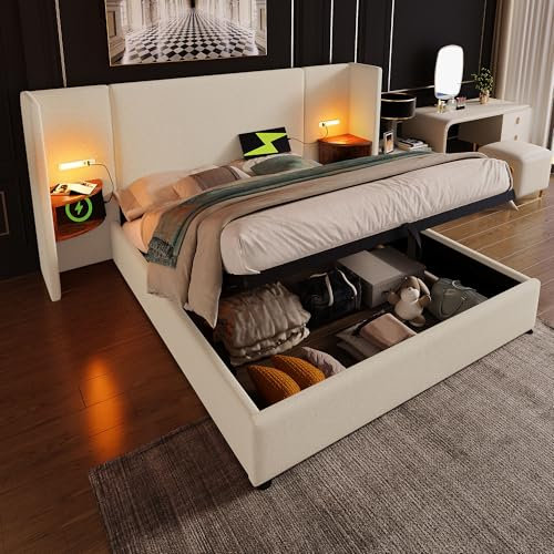Merax Polsterbett 180x200cm mit Nachttisch, Hydraulisch Doppelbett mit Leselampe & Ladefunktion, Bettanlage Stauraumbett mit verbreitertes Kopfteil & Lattenrost, Leinenstoff, Ohne Matratze, Beige