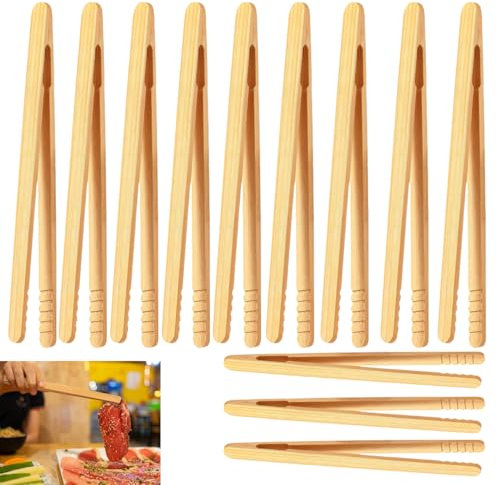 Brotzangen 12Pcs- 17.8cm Bambus Grillzangen für Brot, Grill & Buffet - Hitze- & rutschfest bis 220°C - Wiederverwendbare Küchenzangen für Party, Picknick & Restaurant - Lebensmittelecht & Ökologisch