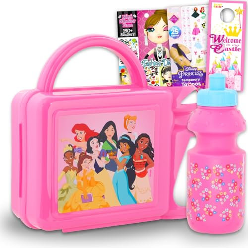 Disney Lonchera de princesa para niñas, paquete con lonchera de princesa Disney con botella de agua de princesa Disney más calcomanías, tatuajes, más | Juego de recipientes para almuerzo de princesa