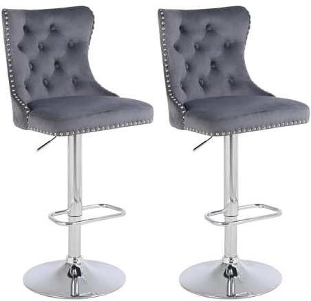KHISCHMO Samt Barhocker 2er Set Samt Moderne Tresenhocker Höhenverstellbar mit Lehne Küchenhocker mit Löwenring-Zuggriff Drehbar für Küche Theke, Grau