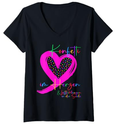 Damen Konfetti im Herzen, Karneval Oberteil statt Kostüm Fasching T-Shirt mit V-Ausschnitt