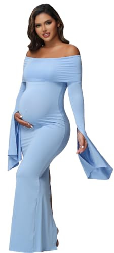 JustVH Umstandskleid Damen Langarm Schulterfrei Schwangerschaftsfotografie Babyparty Fotoshooting Party